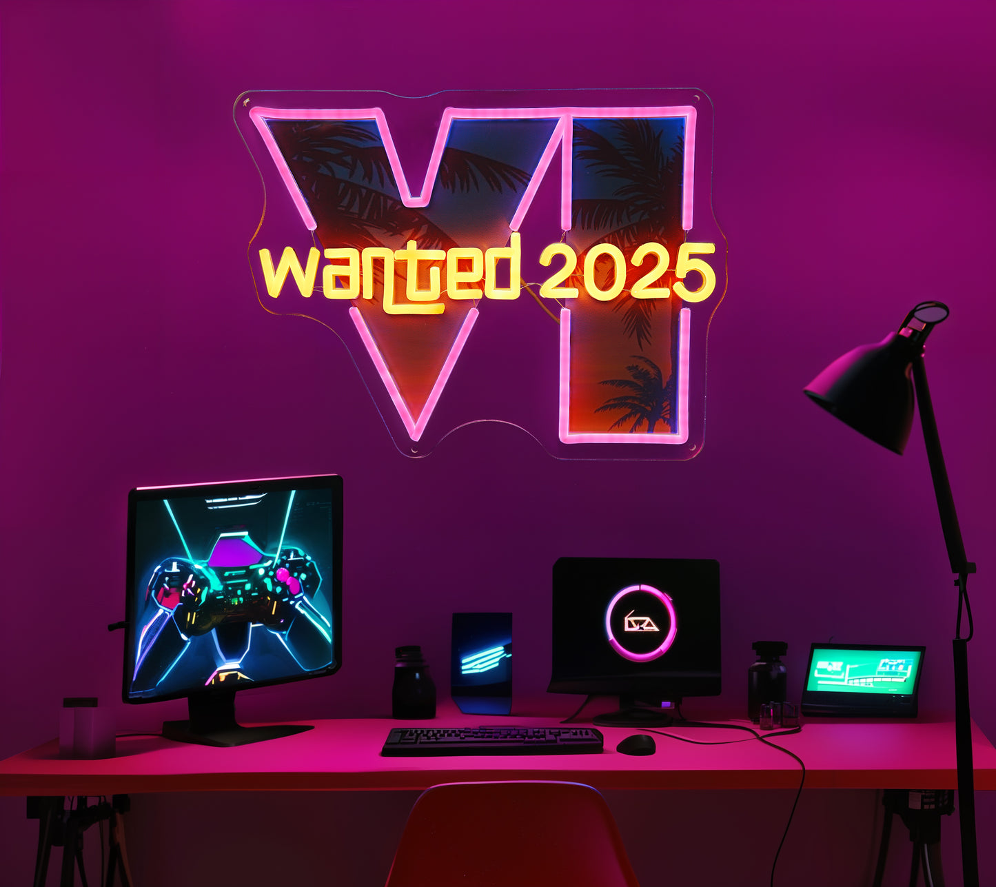 LAUDAWSUN Wanted 2025 Game Led Neon Sign Light Up, VI Sign Led Neon Lights for Room Decor Aesthetic Man Cave, Led Sign Gamer Decor Dimmable, Brightness Adjustment USB Powered Led Wall Decoration for Gamer room Bedroom Living Room Shop Bar Club Party Gifts